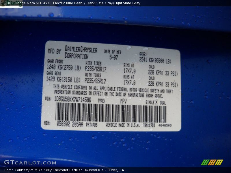 Electric Blue Pearl / Dark Slate Gray/Light Slate Gray 2007 Dodge Nitro SLT 4x4