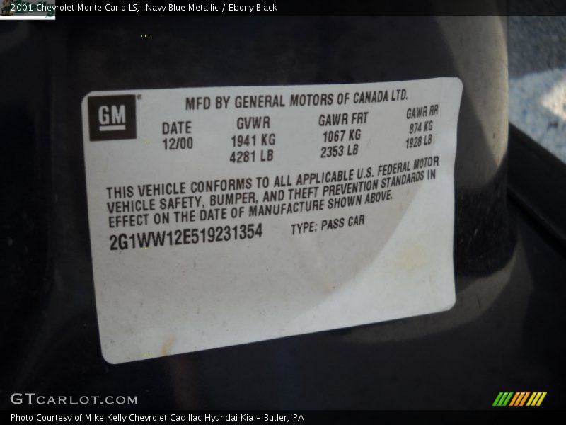 Navy Blue Metallic / Ebony Black 2001 Chevrolet Monte Carlo LS