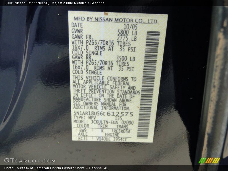 Majestic Blue Metallic / Graphite 2006 Nissan Pathfinder SE