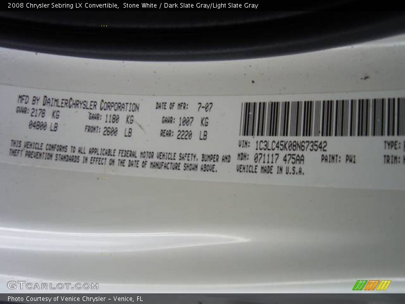 Stone White / Dark Slate Gray/Light Slate Gray 2008 Chrysler Sebring LX Convertible