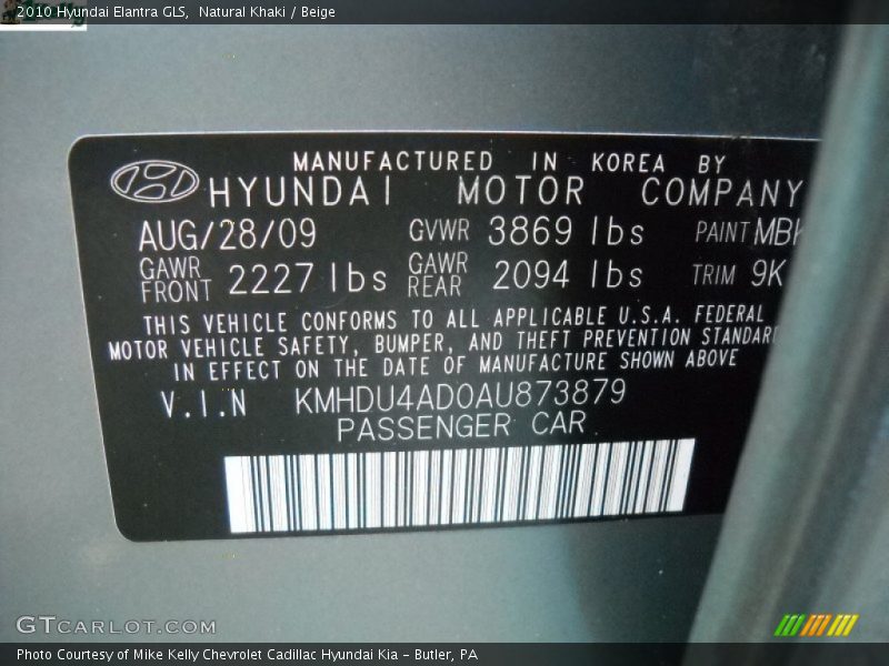 Natural Khaki / Beige 2010 Hyundai Elantra GLS