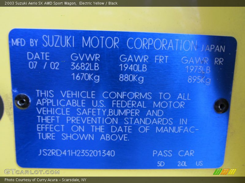 Info Tag of 2003 Aerio SX AWD Sport Wagon
