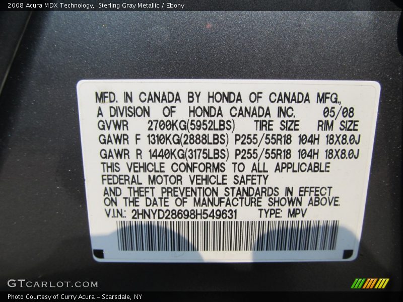 Sterling Gray Metallic / Ebony 2008 Acura MDX Technology