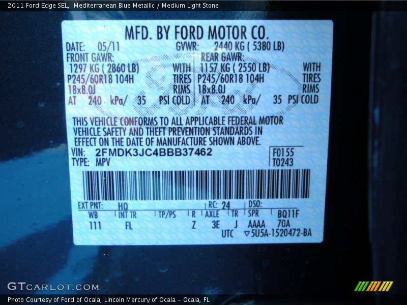 Mediterranean Blue Metallic / Medium Light Stone 2011 Ford Edge SEL