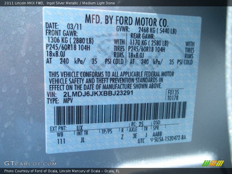 Ingot Silver Metallic / Medium Light Stone 2011 Lincoln MKX FWD