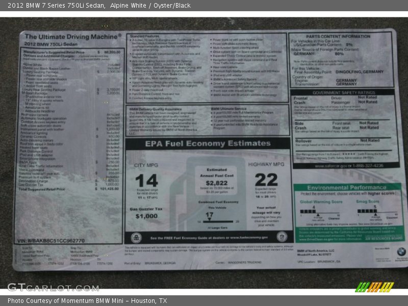  2012 7 Series 750Li Sedan Window Sticker