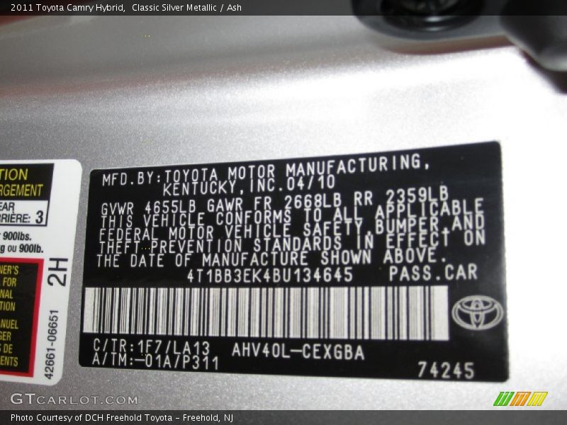 2011 Camry Hybrid Classic Silver Metallic Color Code 1F7