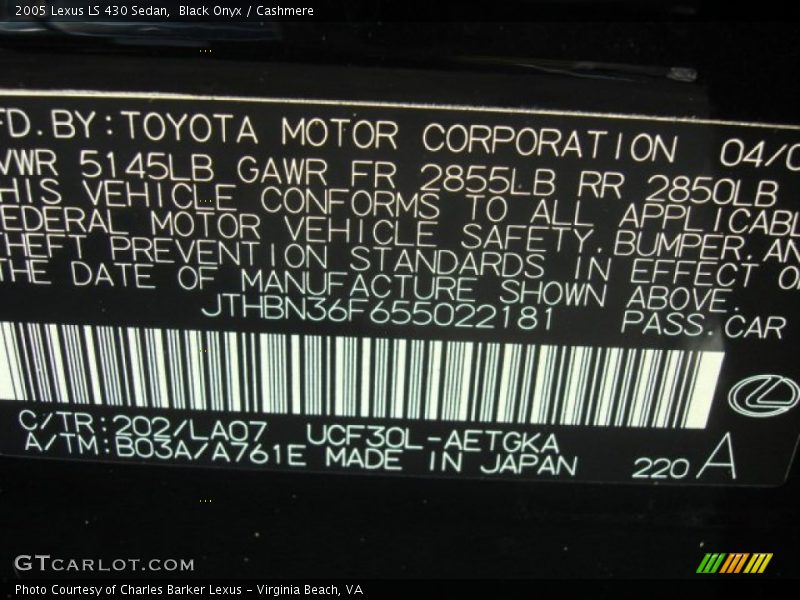 Black Onyx / Cashmere 2005 Lexus LS 430 Sedan