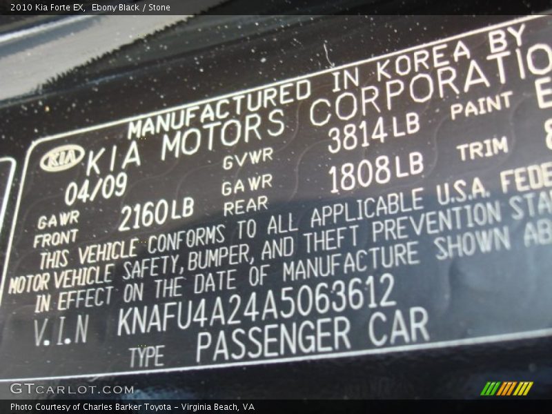Ebony Black / Stone 2010 Kia Forte EX