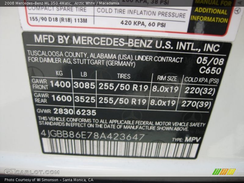 Arctic White / Macadamia 2008 Mercedes-Benz ML 350 4Matic