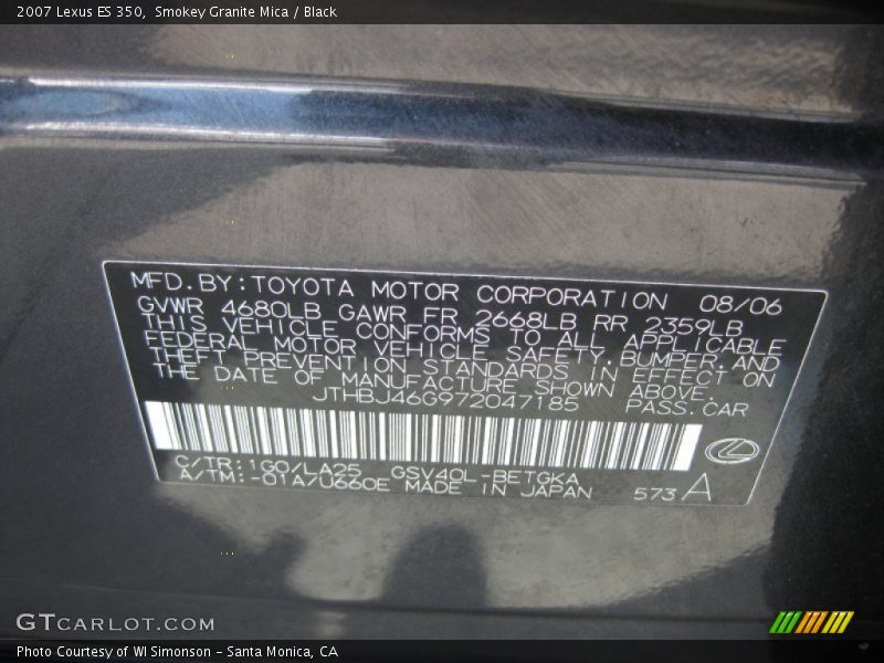 Smokey Granite Mica / Black 2007 Lexus ES 350