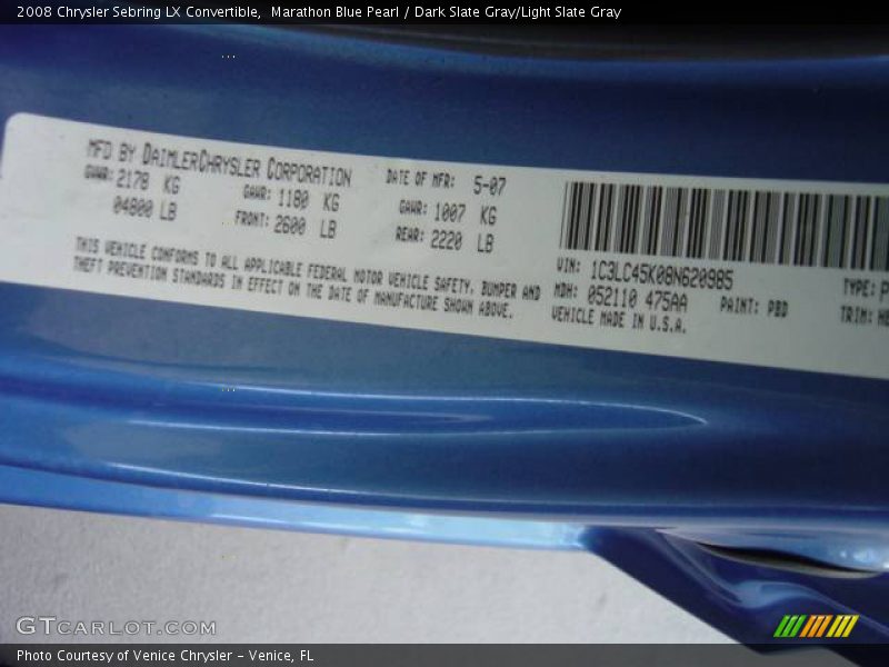 Marathon Blue Pearl / Dark Slate Gray/Light Slate Gray 2008 Chrysler Sebring LX Convertible