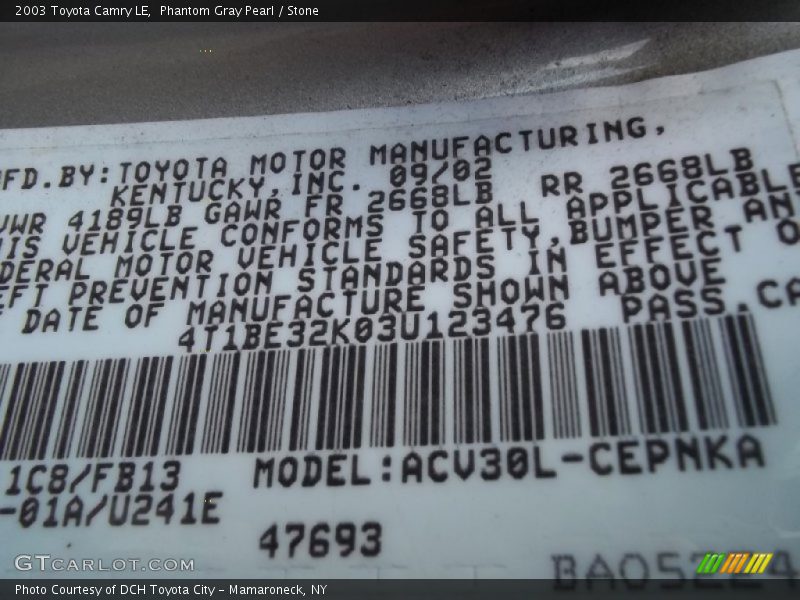 Phantom Gray Pearl / Stone 2003 Toyota Camry LE