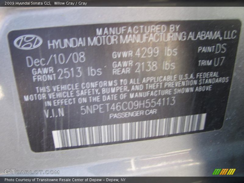 Willow Gray / Gray 2009 Hyundai Sonata GLS