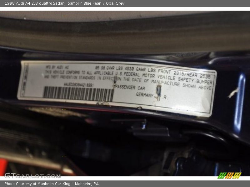 Santorin Blue Pearl / Opal Grey 1998 Audi A4 2.8 quattro Sedan