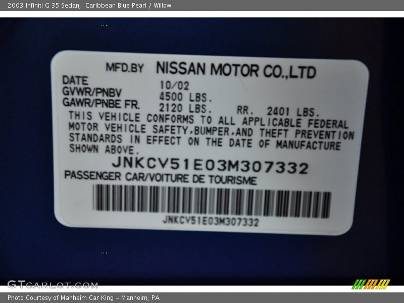 Caribbean Blue Pearl / Willow 2003 Infiniti G 35 Sedan