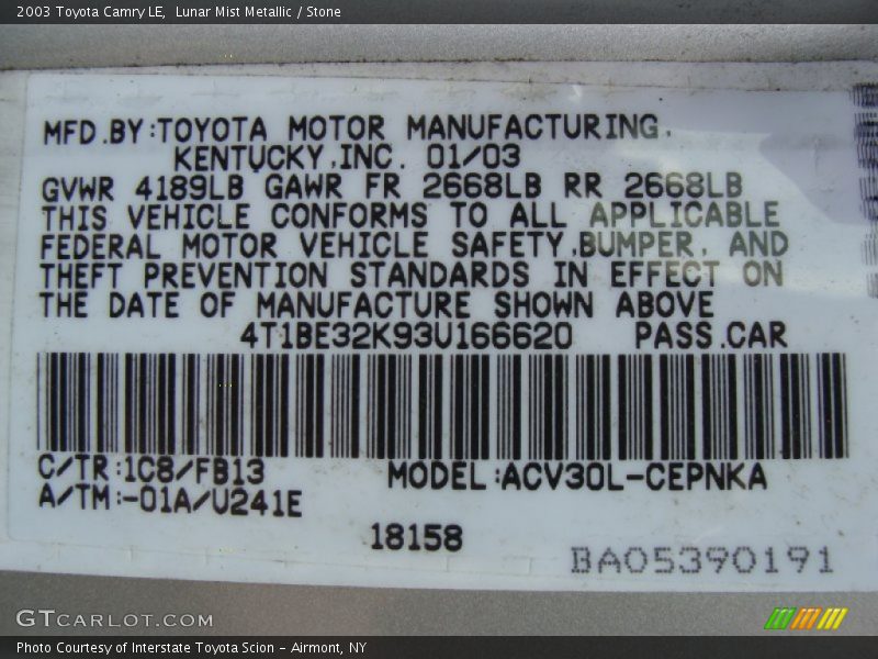 Lunar Mist Metallic / Stone 2003 Toyota Camry LE