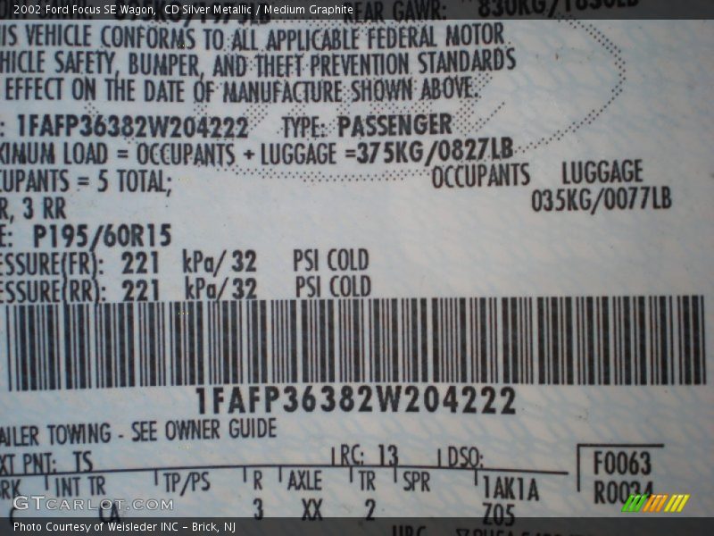 2002 Focus SE Wagon CD Silver Metallic Color Code TS