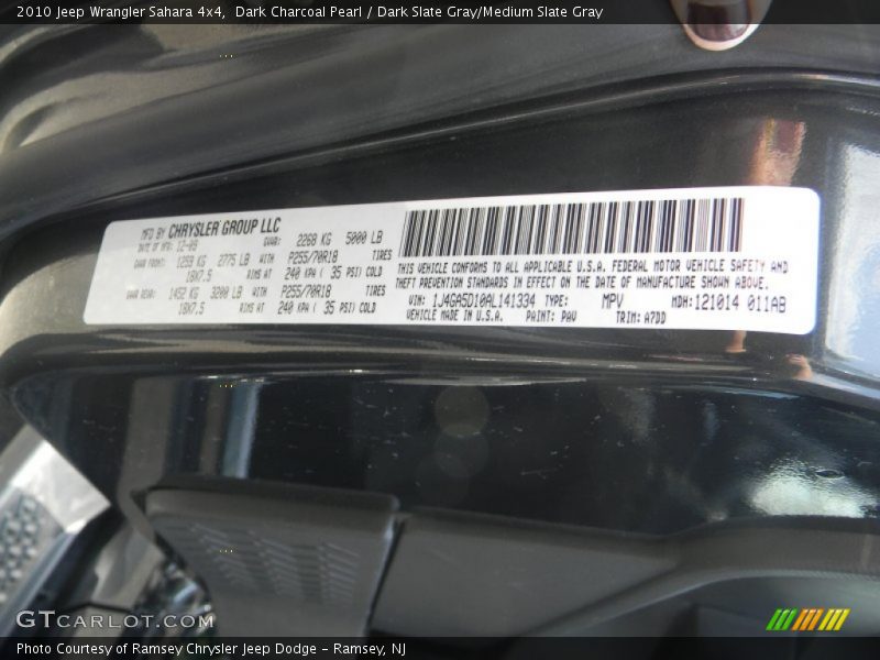 Dark Charcoal Pearl / Dark Slate Gray/Medium Slate Gray 2010 Jeep Wrangler Sahara 4x4