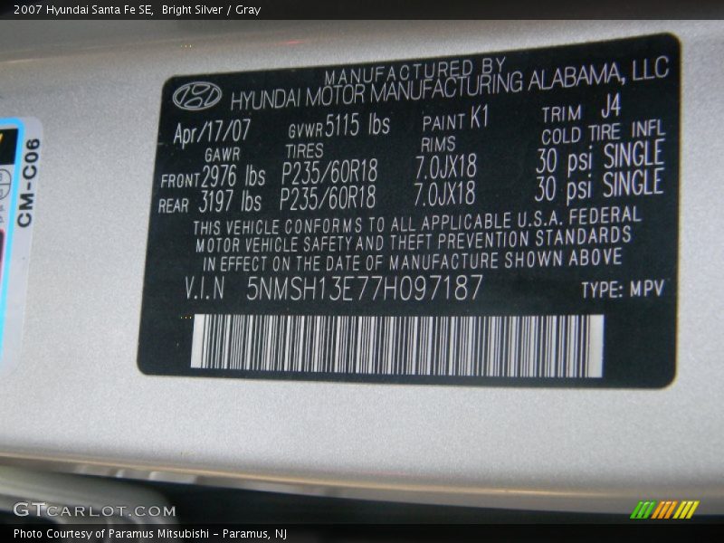 Bright Silver / Gray 2007 Hyundai Santa Fe SE