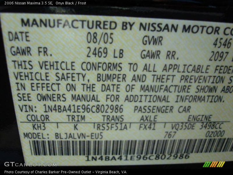Onyx Black / Frost 2006 Nissan Maxima 3.5 SE