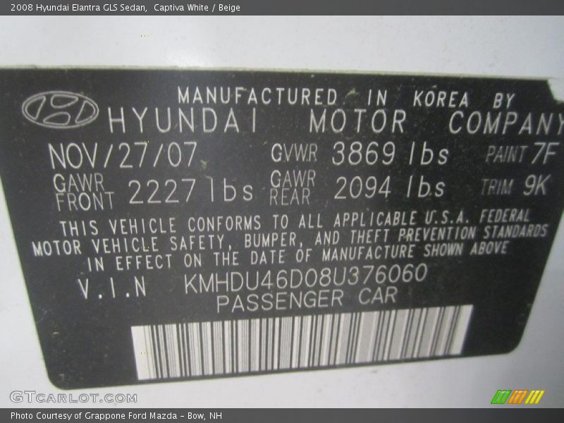 Captiva White / Beige 2008 Hyundai Elantra GLS Sedan