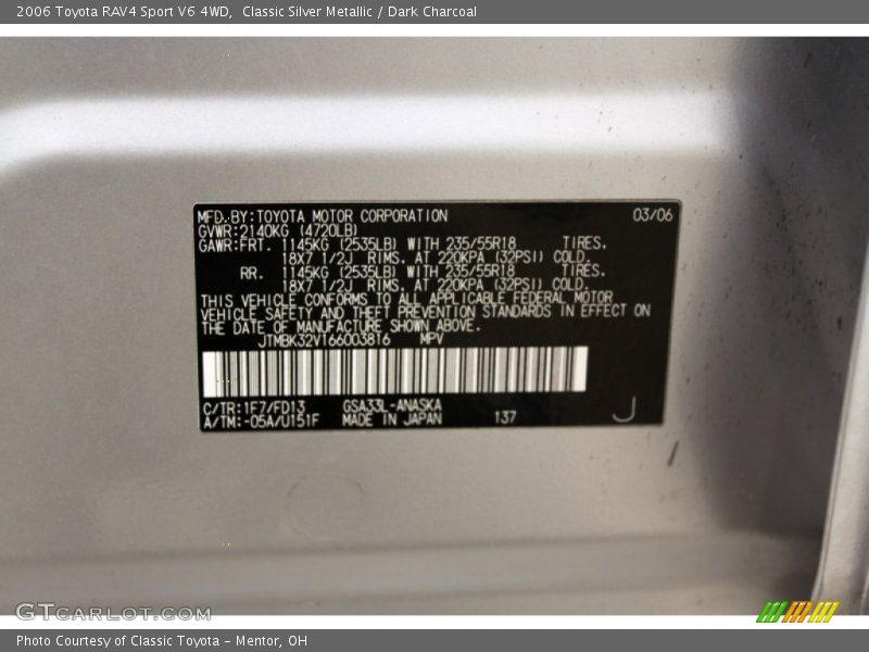 2006 RAV4 Sport V6 4WD Classic Silver Metallic Color Code 1F7