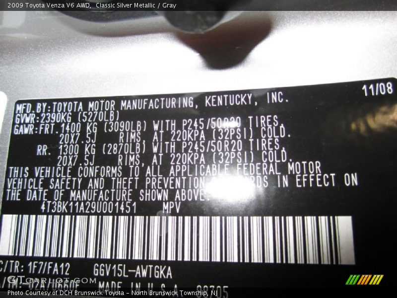 Classic Silver Metallic / Gray 2009 Toyota Venza V6 AWD