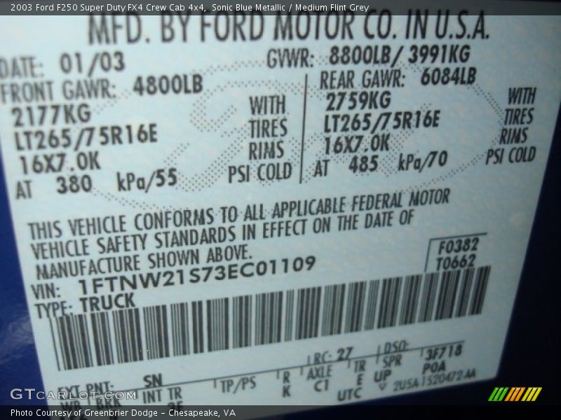 2003 F250 Super Duty FX4 Crew Cab 4x4 Sonic Blue Metallic Color Code SN