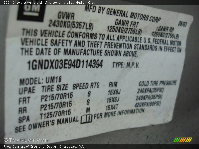 Silverstone Metallic / Medium Gray 2004 Chevrolet Venture LS
