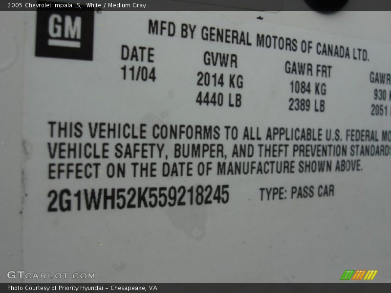 White / Medium Gray 2005 Chevrolet Impala LS