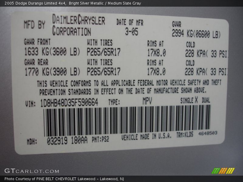 Bright Silver Metallic / Medium Slate Gray 2005 Dodge Durango Limited 4x4