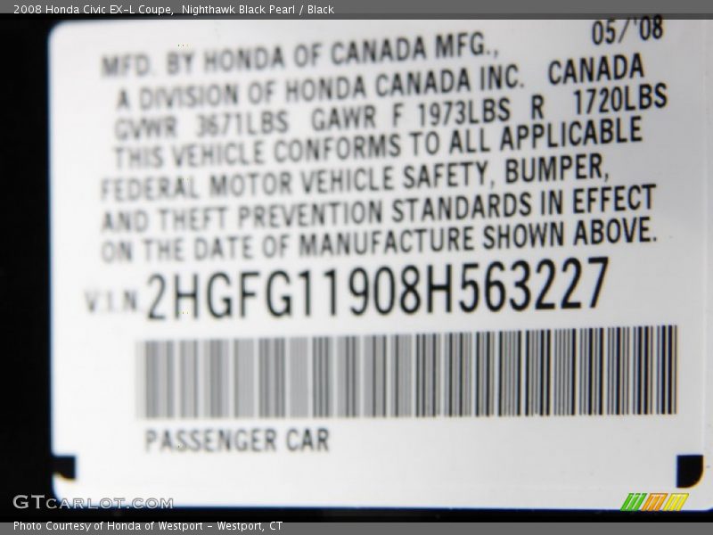 Nighthawk Black Pearl / Black 2008 Honda Civic EX-L Coupe