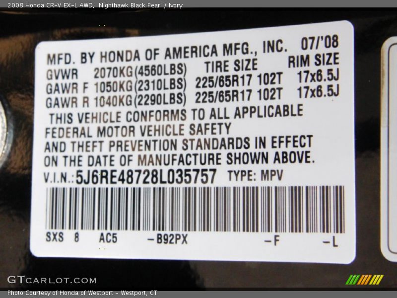 Nighthawk Black Pearl / Ivory 2008 Honda CR-V EX-L 4WD