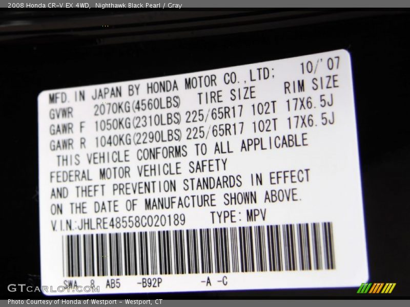 Nighthawk Black Pearl / Gray 2008 Honda CR-V EX 4WD
