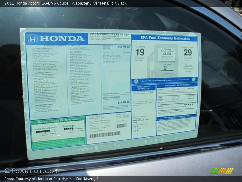  2011 Accord EX-L V6 Coupe Window Sticker