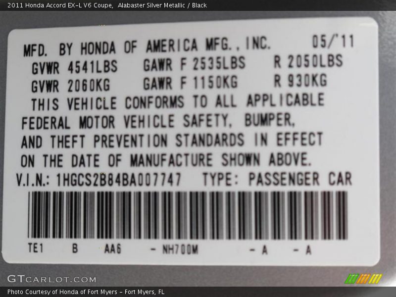2011 Accord EX-L V6 Coupe Alabaster Silver Metallic Color Code NH700M