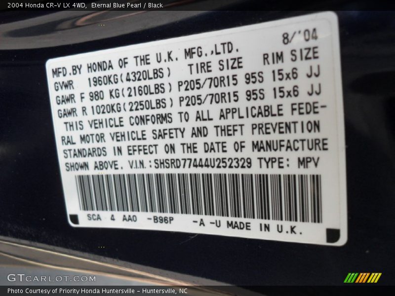 Eternal Blue Pearl / Black 2004 Honda CR-V LX 4WD