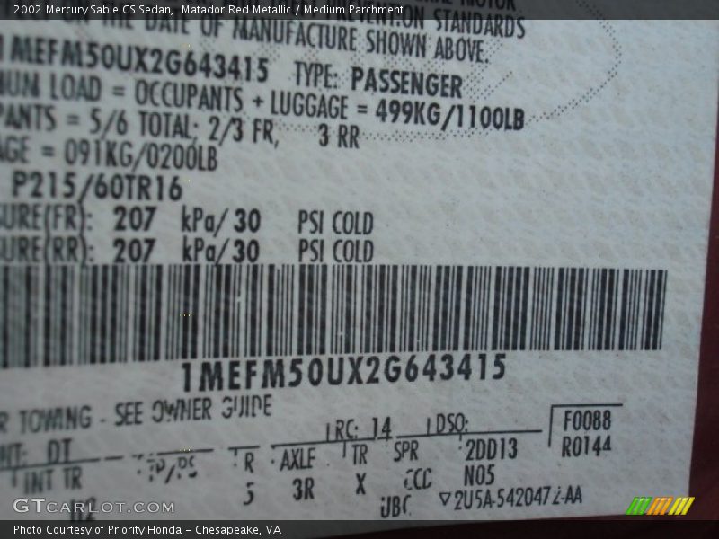 Matador Red Metallic / Medium Parchment 2002 Mercury Sable GS Sedan