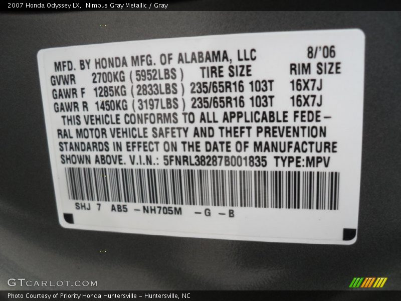 Nimbus Gray Metallic / Gray 2007 Honda Odyssey LX