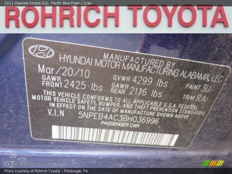 Pacific Blue Pearl / Gray 2011 Hyundai Sonata GLS