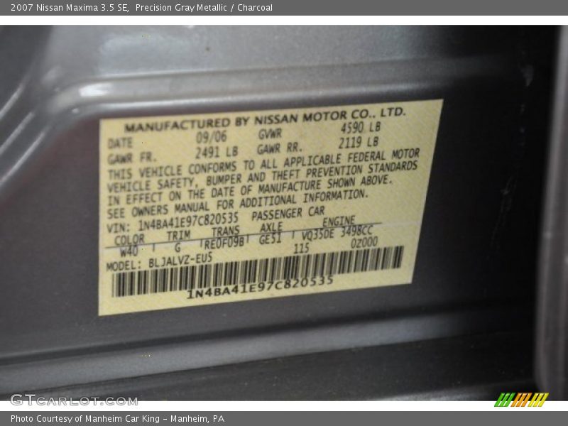 Precision Gray Metallic / Charcoal 2007 Nissan Maxima 3.5 SE