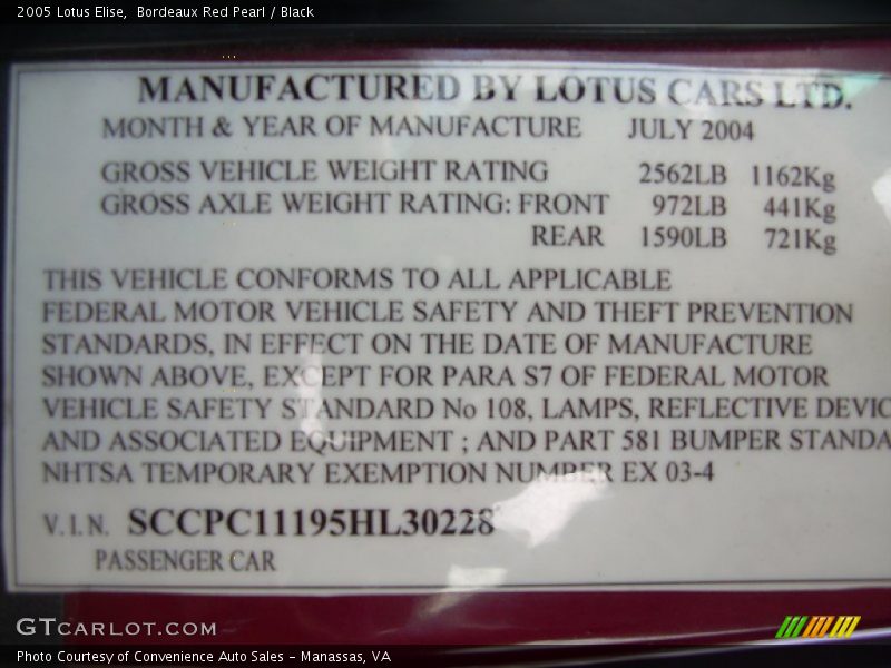 Info Tag of 2005 Elise 