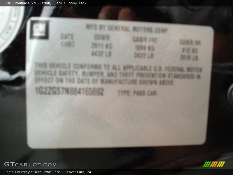 Black / Ebony Black 2008 Pontiac G6 V6 Sedan