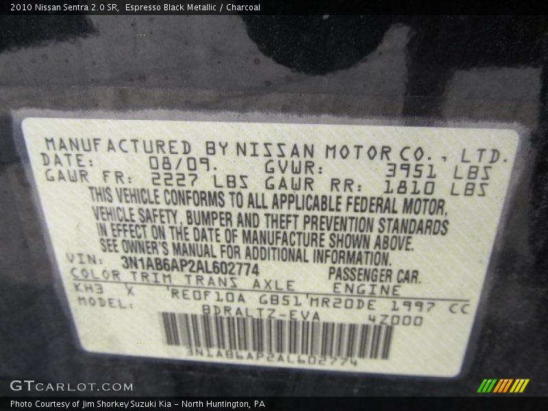 Espresso Black Metallic / Charcoal 2010 Nissan Sentra 2.0 SR
