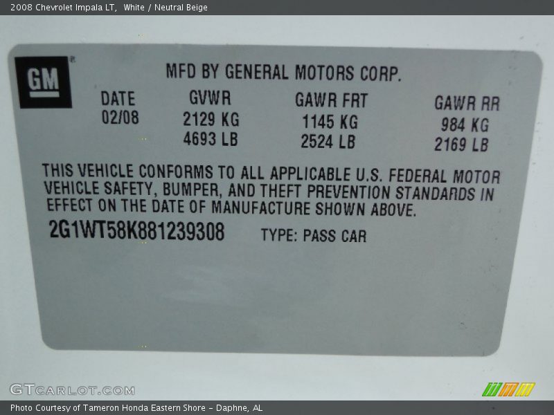 White / Neutral Beige 2008 Chevrolet Impala LT