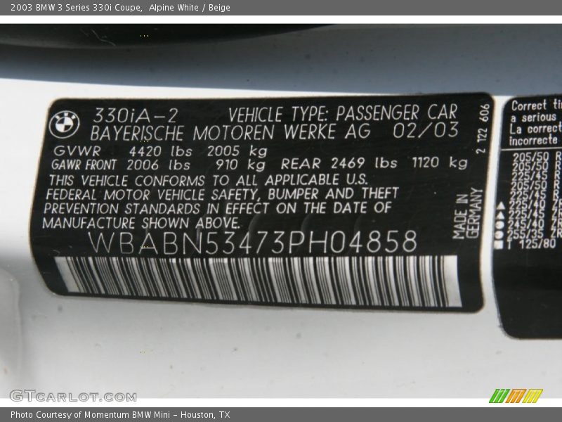 Alpine White / Beige 2003 BMW 3 Series 330i Coupe