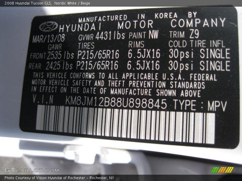 Nordic White / Beige 2008 Hyundai Tucson GLS