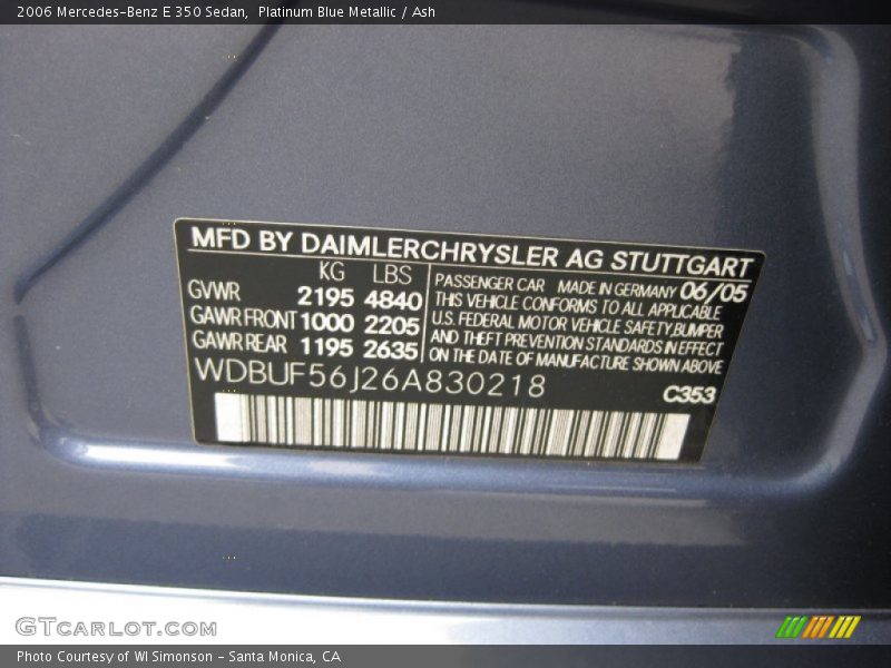 Platinum Blue Metallic / Ash 2006 Mercedes-Benz E 350 Sedan
