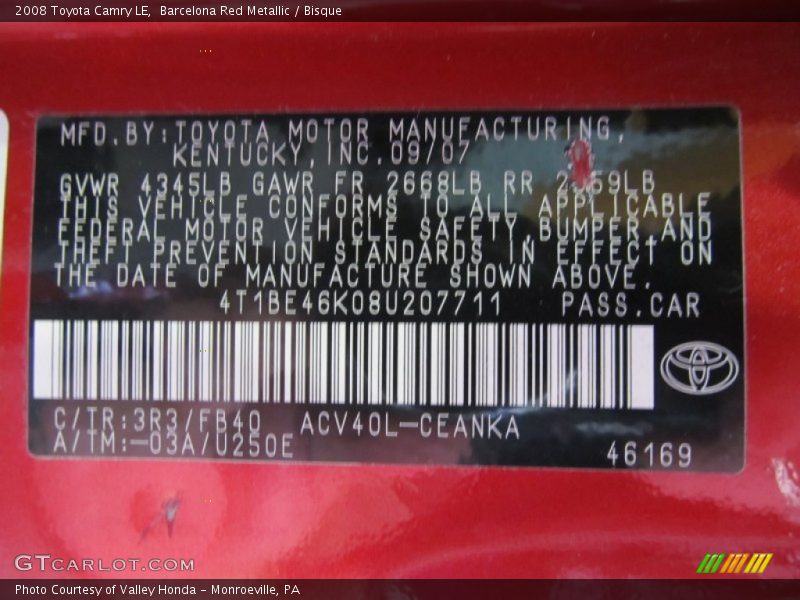 Barcelona Red Metallic / Bisque 2008 Toyota Camry LE